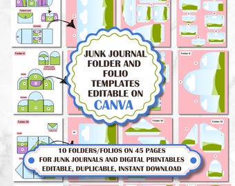 Könnte beinhalten: Ein Satz von 10 druckbaren Ordner- und Folio-Vorlagen für Junk Journals. Die Vorlagen haben ein himmelblaues und grünes Farbschema mit Wolken und Hügeln. Der Text "JUNK JOURNAL FOLDER AND FOLIO TEMPLATES EDITABLE ON CANVA" befindet sich in einem weißen Kreis mit grünem Rand. Der Text "10 FOLDERS/FOLIOS ON 45 PAGES FOR JUNK JOURNALS AND DIGITAL PRINTABLES EDITABLE, DUPLICABLE, INSTANT DOWNLOAD" befindet sich in einem weißen Kreis mit blauem Rand.