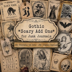 Éléments éphémères gothiques pour Halloween : ajouts, étiquettes, pochettes et accessoires vintage pour carnets de voyage (téléchargement numérique)