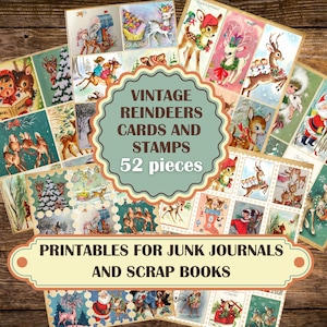 Weihnachten Vintage Rentier Papiere, Briefmarken Grußkarten für Junk Journals druckbare digitaler Download, Retro Vintage wählerisch geschnittenes Ephemera