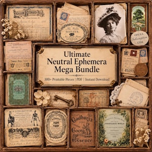 Vintage Ephemera Mega Bundle: Junk Journal-sidor, biljetter, brev, kuvert, kort, foton, noter, annonser, räkenskapsböcker (digital nedladdning)