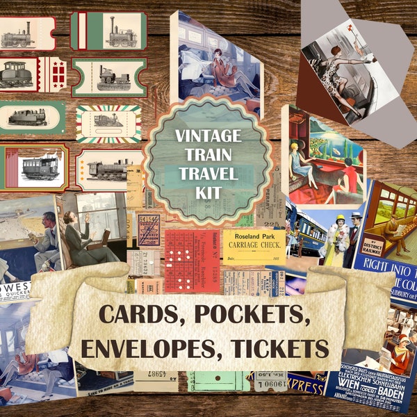 Printable vintage train travel kit, downloadable rail journey posters, cards, envelopes, pockets and tags, tickets, 130 pieces on 16 pages