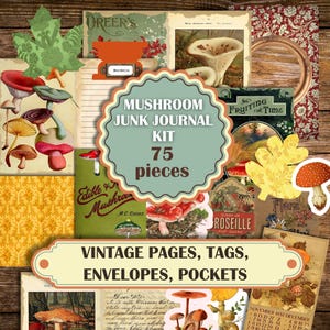 Kit de journal imprimable vintage champignon indésirable, pages de journal, pochettes, étiquettes, autocollants, éphémères, onglets, couverture sur un album de scrapbooking cottagecore de 26 pages