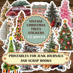 May include: A set of 12 vintage Christmas tree stickers for junk journals and scrapbooks. The stickers feature various styles of Christmas trees, including a pink tree, a tree with ornaments, and a tree with a star on top. The stickers are printed on white paper with a white border.