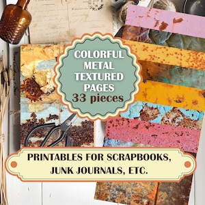 Álbum de recortes de 33 páginas con textura de metal de colores, tamaño carta de EE. UU. y A4, imprimible, metal desgastado desgastado, fondo vintage rústico descargable