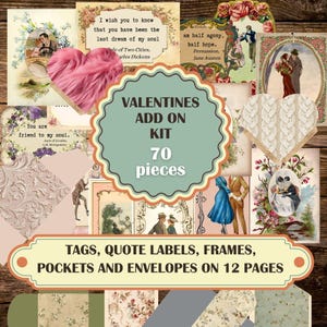 Kit d'accessoires vintage pour la Saint-Valentin, étiquettes imprimables de citation romantique, étiquettes, pochettes téléchargeables, enveloppes pour carnets de bord et albums de coupures