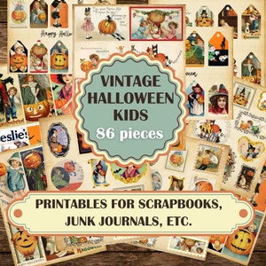 Paquete vintage de Halloween para niños, lindas páginas de Halloween, etiquetas, tarjetas para diarios basura, álbumes de recortes, descarga digital imprimible, material efímero retro