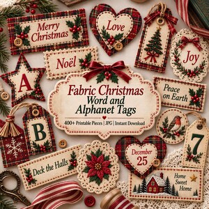 Könnte beinhalten: Eine Sammlung von weihnachtlichen Stoffanhängern in verschiedenen Formen wie Herzen, Rechtecken und Ovalen mit festlichen Motiven wie Stechpalmen, Weihnachtssternen, einem Rotkehlchen und einem Haus. Text umfasst Merry Christmas, Noël und Joy.
