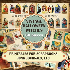 Paquete de brujas de Halloween vintage, lindas hojas de collage de Halloween, etiquetas, tarjetas para diarios basura, descarga digital imprimible, material efímero