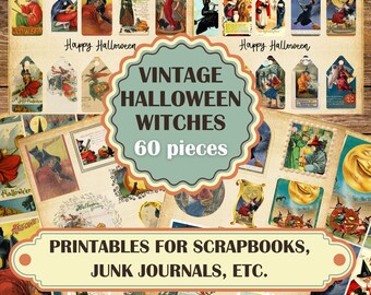 May include: A collection of 60 vintage Halloween witch images, perfect for scrapbooking, junk journals, and other crafts. The images feature witches, cats, moons, and other Halloween-themed elements. The images are in a variety of styles, from whimsical to spooky.