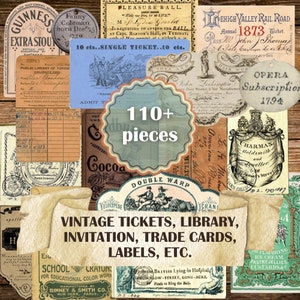 Biglietti Junkjournal, biglietti d'invito vintage, vecchie tessere di biblioteca, carte da collezione vintage, vecchie etichette, abbellimenti, 115 pezzi su 10 pagine