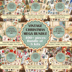 Christmas Vintage Mega Bundle, printable junk journal kit, stamps, labels, tags, envelopes, instant digital download, retro fussy cut, deers