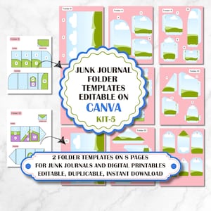 Canva junk journal folder templates, 2 folio templates editable on Canva with labels and tags, unique editable templates frames, 2 folders