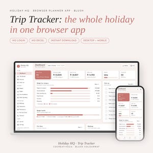 May include: A digital trip tracker browser app interface in a blush colour scheme, displayed on a laptop and smartphone screen. The dashboard shows travel planning data, budget categories, and trip details with text including Holiday HQ and Trip Tracker.