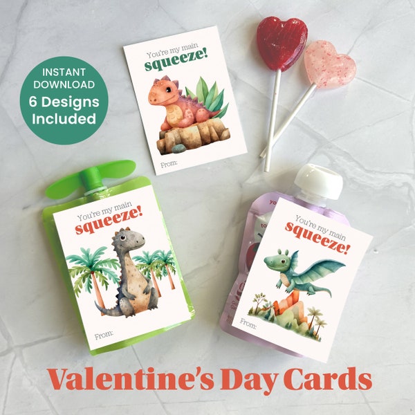 Valentine's Day Dino Pouch Cards | You're My Main Squeeze Kids Valentine's Day Dinousar Tags | Instant Printable Digital Download