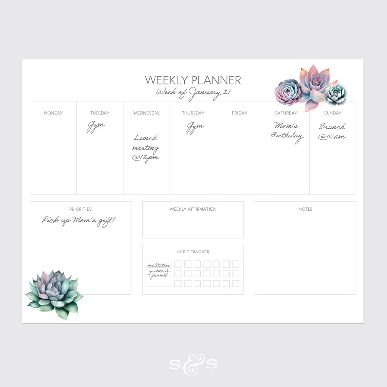 Undated Weekly Planner Page With Habit Tracker | Succulent Design ...
