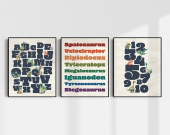 Kids & Nursery Room Decor | Dinosaur Alphabet and Number Wall Art | Printable Instant Digital Download