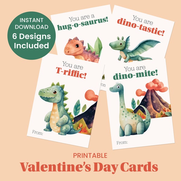 Kids Dinosaur Valentines Day Cards, Kid Vday Dinosaur classroom card, Modern Dino Valentines, Printable Instant Download