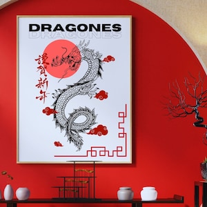 Chinese Dragon Printable Wall Art Digital Download Poster Red Black Dragon Print Chinese Inspired Decor