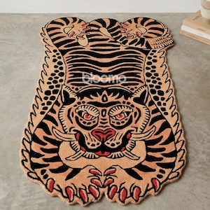 Peach Black Folklore Tiger Rug, Hand Tufted Wool, Custom Size Runner Floor Mat Peach