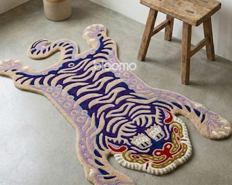 Hand-Tufted New Zealand Wool Tiger Rug | Purple Blue Nursery Decor