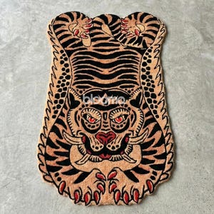 Peach Black Folklore Tiger Rug, Hand Tufted Wool, Custom Size Runner Floor Mat image 1
