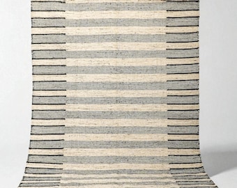 Handwoven Wool Kilim Rug – Beige and Black Stripes, Scandinavian Decor