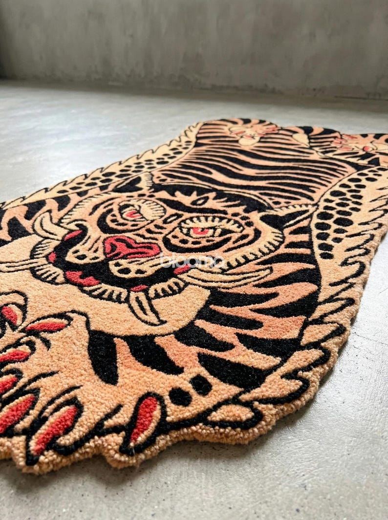 Peach Black Folklore Tiger Rug, Hand Tufted Wool, Custom Size Runner Floor Mat image 3