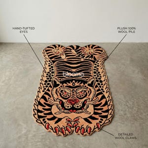Peach Black Folklore Tiger Rug, Hand Tufted Wool, Custom Size Runner Floor Mat image 8