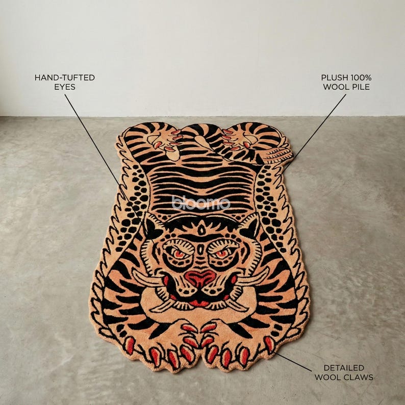 Peach Black Folklore Tiger Rug, Hand Tufted Wool, Custom Size Runner Floor Mat image 8