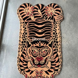 Peach Black Folklore Tiger Rug, Hand Tufted Wool, Custom Size Runner Floor Mat image 7