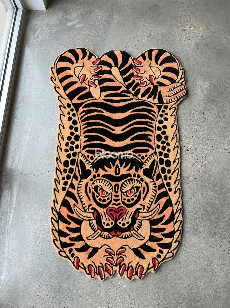 Peach Black Folklore Tiger Rug, Hand Tufted Wool, Custom Size Runner Floor Mat image 7