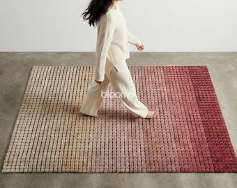 Handloomed Wool Ombre Rug | Japandi Modern Grid, Custom Size