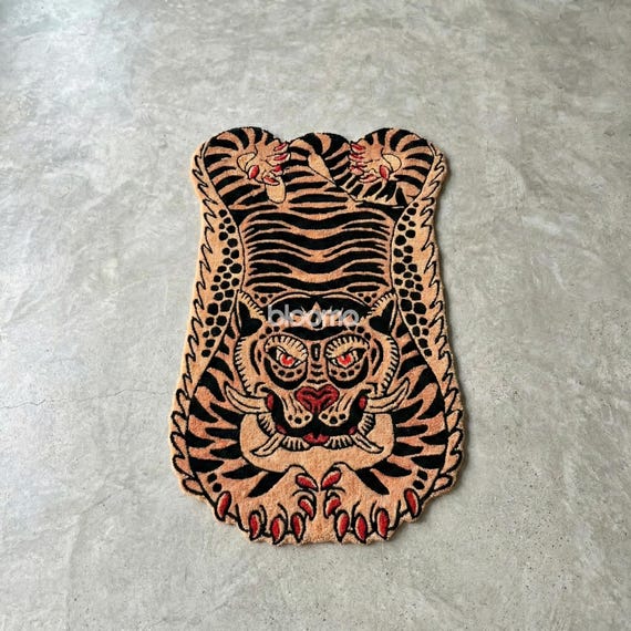 Peach Black Folklore Tiger Rug, Hand Tufted Wool, Custom Size Runner Floor Mat