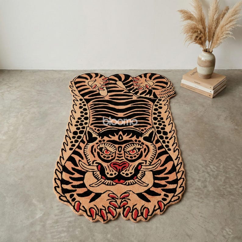 Peach Black Folklore Tiger Rug, Hand Tufted Wool, Custom Size Runner Floor Mat Peach