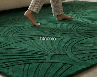 Wool Rug for Living Room, Art Deco Area Rug, Sculpted Geometric Bedroom Decor
