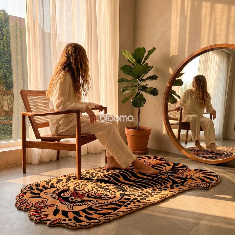 Peach Black Folklore Tiger Rug, Hand Tufted Wool, Custom Size Runner Floor Mat image 4