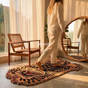Peach Black Folklore Tiger Rug, Hand Tufted Wool, Custom Size Runner Floor Mat image 5