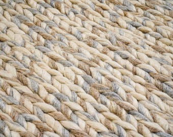 Handwoven Chunky Wool Rug - Natural Beige Grey Cable Knit, Cozy Thick Pile, Custom made