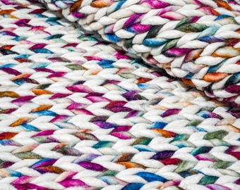 Handwoven Chunky Wool Rug – Multi Rainbow Cable Knit, Scandinavian Decor