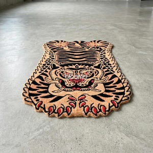 Peach Black Folklore Tiger Rug, Hand Tufted Wool, Custom Size Runner Floor Mat image 9