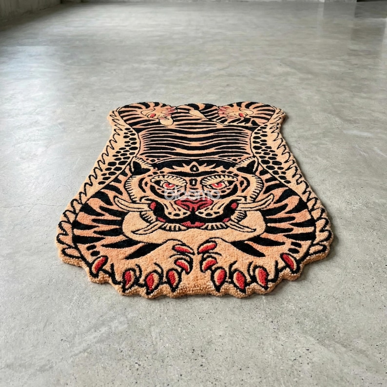 Peach Black Folklore Tiger Rug, Hand Tufted Wool, Custom Size Runner Floor Mat image 9
