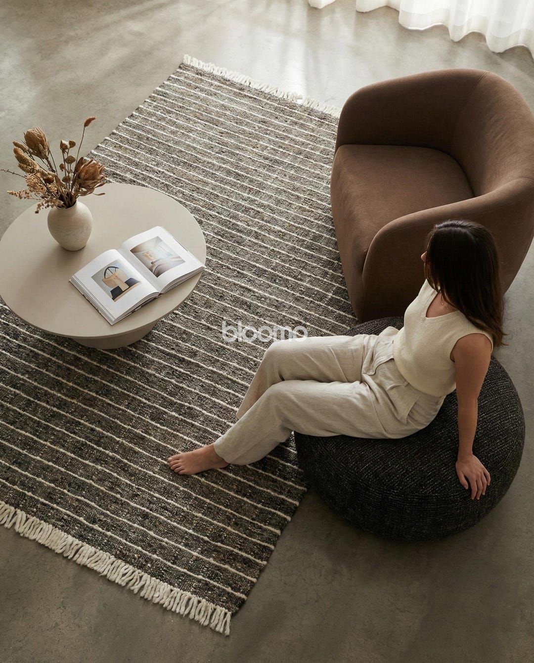 Brown Japandi Grid Rug, Handmade Wool Texture, Custom Size Runner ...