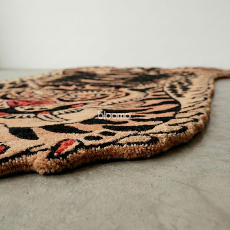 Peach Black Folklore Tiger Rug, Hand Tufted Wool, Custom Size Runner Floor Mat image 6