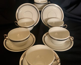 Tasses, Lucien Michelaud, Astral, Limoges, porcelaine, liseré platine, lot de 6