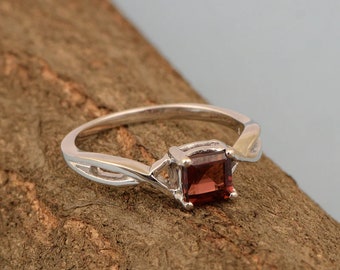 Square 5MM Garnet Gemstone 925 Sterling Silver Celtic Knot Solitaire Ring Engagement Ring White Gold Wedding Promise Ring  Anniversary Ring