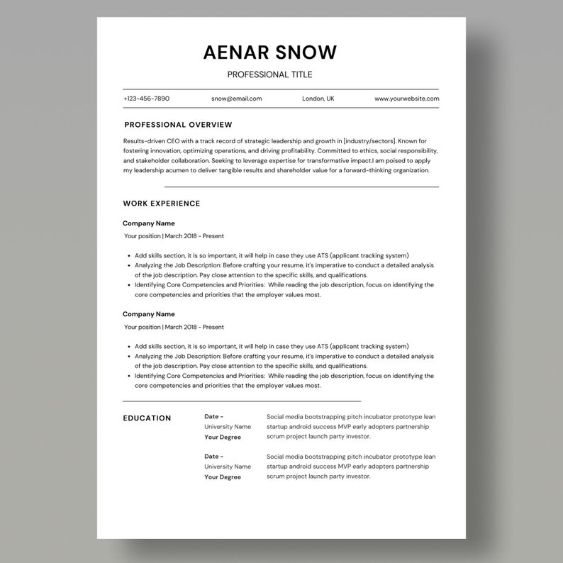 ATS Friendly Resume Template for Canva Resume and Cover Letter Template