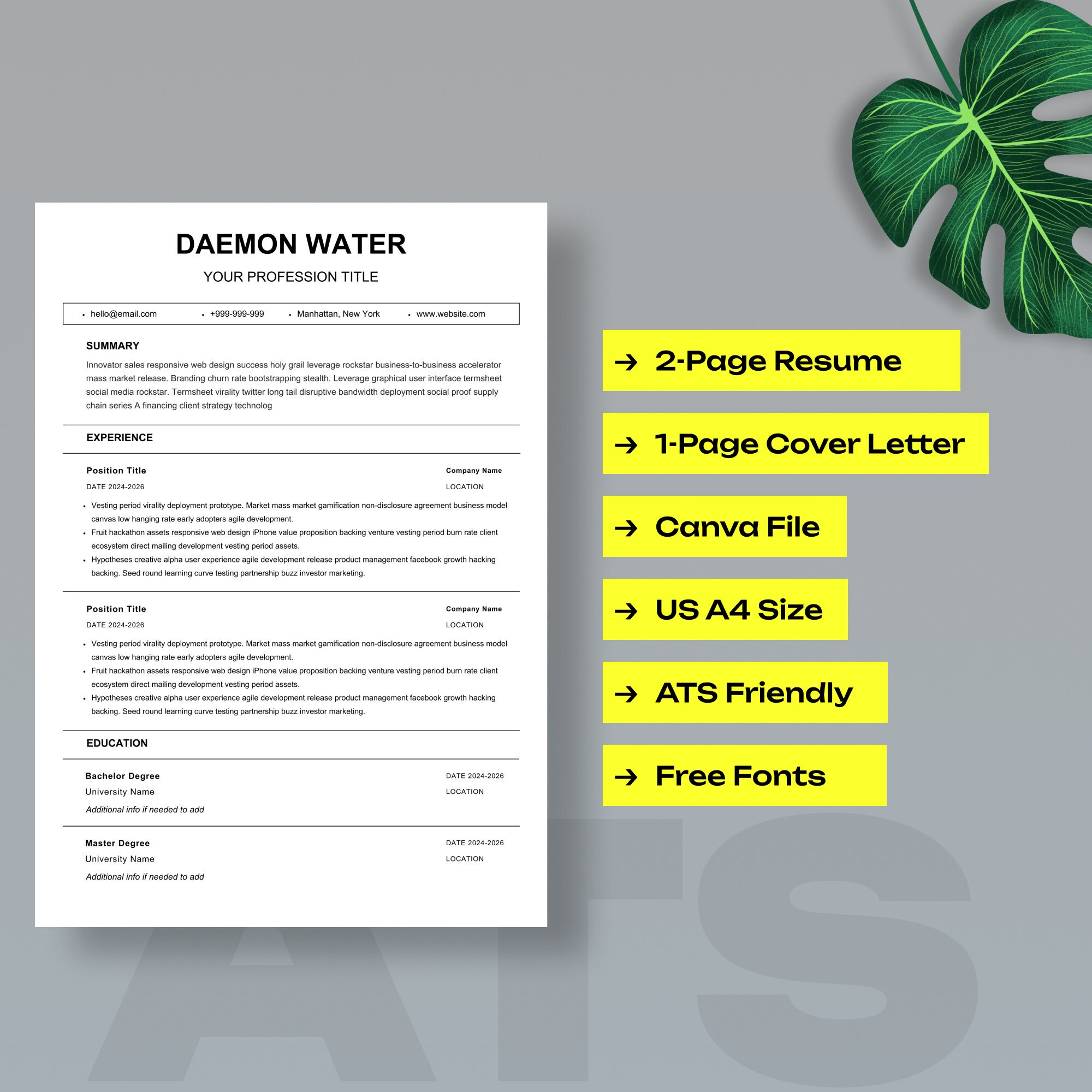 ATS Friendly Resume Template for Canva Resume and Cover Letter Template ...