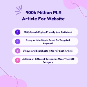 Puede incluir: Un gráfico morado y blanco con el texto "400k Million PLR Article For Website". Se enumeran cuatro pasos numerados con descripciones de los beneficios de usar artículos PLR para un sitio web.