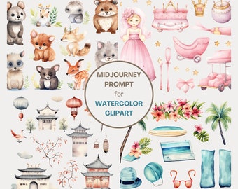 Midjourney Prompts for Watercolor Clipart, AI Prompt, Midjourney Art, Customizable, Free Guide, Best Midjourney Prompts