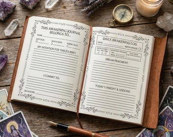 Op de afbeelding: Een open dagboek met de tekst "THIS AWAKENING JOURNAL BELONGS TO..." ligt op een houten tafel, samen met tarotkaarten, kristallen, een kompas, een kaars en een pen. De pagina's van het dagboek zijn gelijnd en versierd met bloemmotieven.
